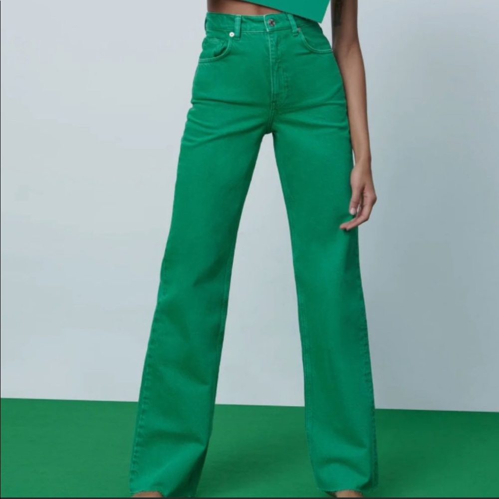 Zara green wide leg high waisted jeans